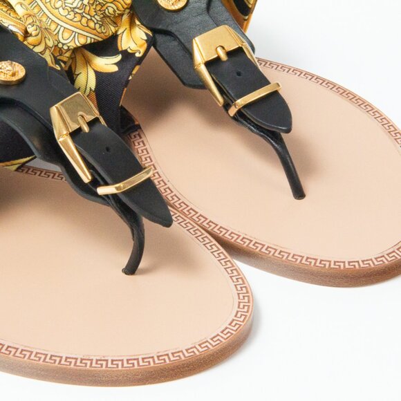 NIB Versace Medusa Ankle Wrap Silk Sash Barocco Sandals Flats Black & Gold, 37 - Picture 3 of 16